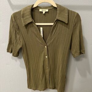Madewell Olive Ribbed Button-Down Short Sleeve Top